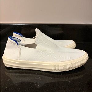 Rothy’s Washable White Slip-On Sneakers with Blue Accents